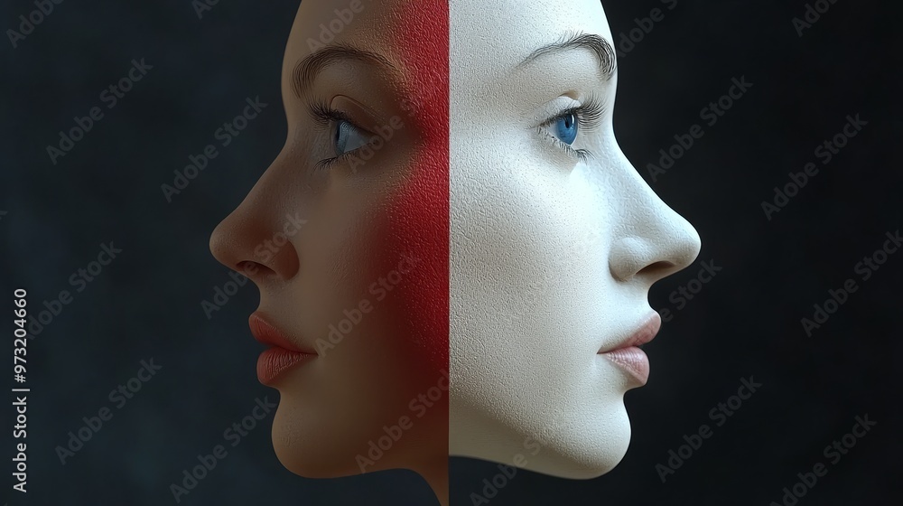 Poster a striking profile image showcasing contrasting expressions with artistic color differentiation on a