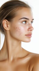 Obraz premium Portrait of young woman with skin conditions for skincare awareness and dermatological studies