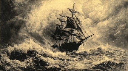 An old engraving of a sailing ship battling a storm at sea, with finely detailed rigging, sails, and turbulent waters to convey drama and movement