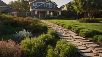 House with Stone Path and Garden Landscape