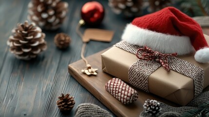 Fototapeta premium Christmas and New Year holiday greeting card with a red Santa hat, pine cones, and a decorative gift on a wooden background.