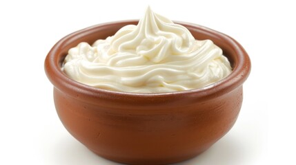 A bowl of sweet whipped cream on a clean white surface