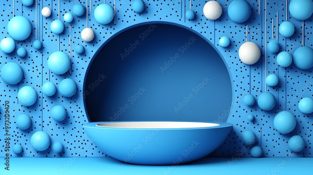 Poster a vibrant blue background featuring a spherical design with floating circles and a smooth bowl, perf