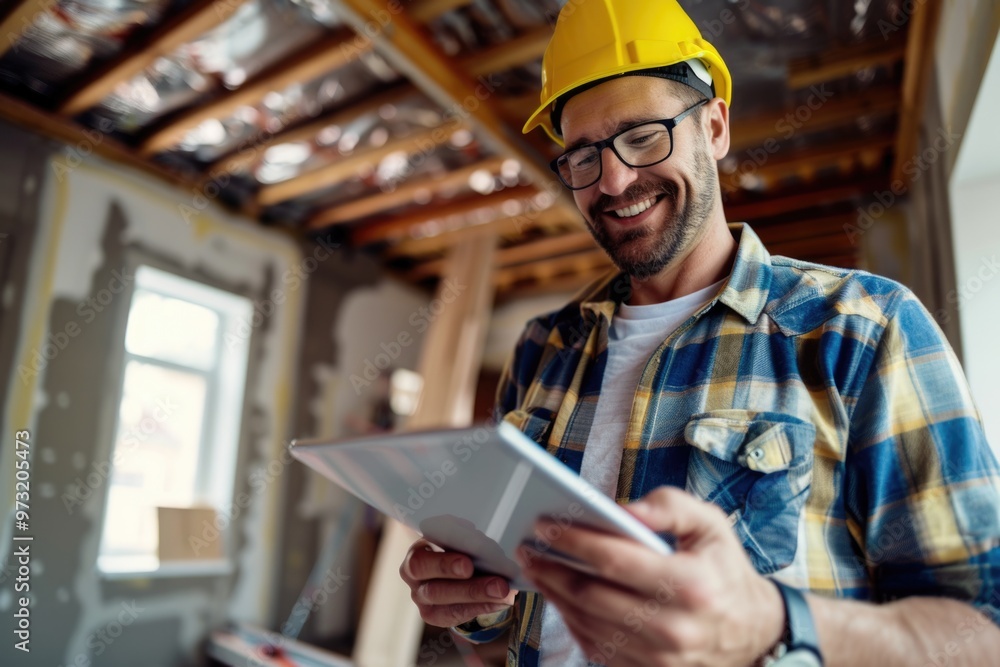 Poster construction worker holding a tablet on site, useful for architecture and building projects