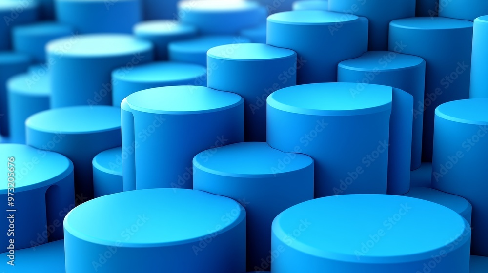 Poster a vibrant collection of blue cylindrical shapes arranged in a visually appealing pattern, perfect fo