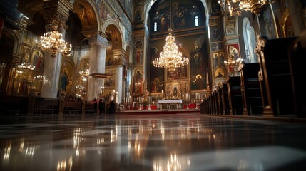 Obraz premium Elaborate interior of a russian orthodox church with ornate chandeliers and iconography
