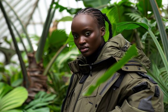 Black Model Posing in Green Parka Surrounded by Plants in a Greenhouse, Fashion Concept.