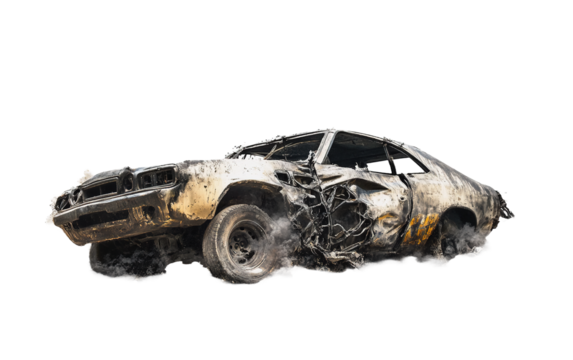 Blasted vehicles isolated on white or transparent background