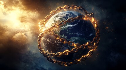 Earth surrounded by fiery chains symbolizing a global crisis or pandemic gripping the planet. Global health restrictions.