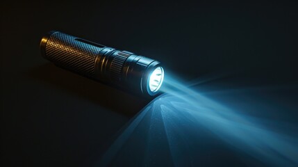 A single flashlight illuminates the darkness