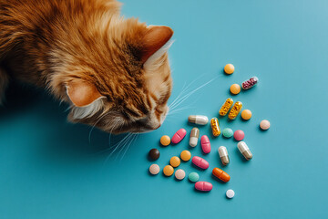 A cat with various colorful pills and capsules on a blue background