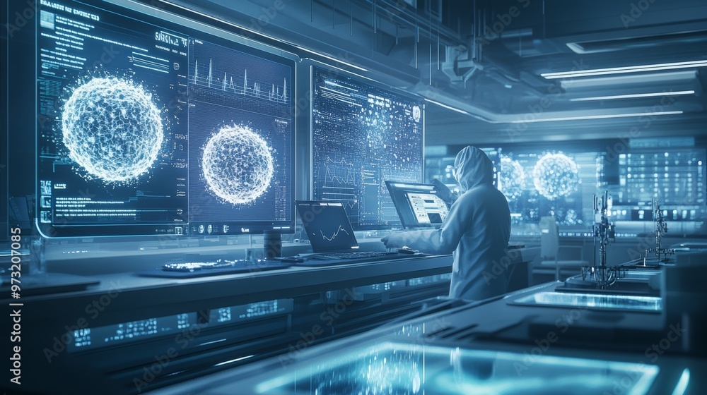 Poster researchers in a high-tech lab analyzing viral data for infection control and outbreak prevention, h