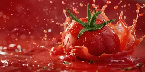 A juicy tomato splashes on a bright red surface, great for food or kitchen-related concepts