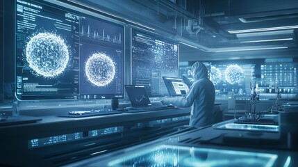 Obraz premium Researchers in a high-tech lab analyzing viral data for infection control and outbreak prevention, highlighting healthcare innovation and public health safety.