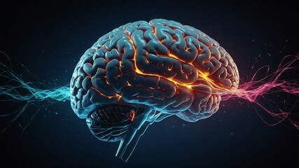 A detailed view of a brain showing neural flux dynamics in a dark background, illustrating brain activity and connectivity. Generative AI