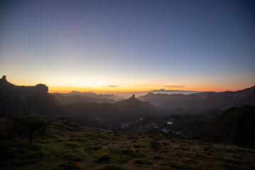 Mountain and landscape view, sunset at Roque Nublo park on Gran Canaria island, Spain