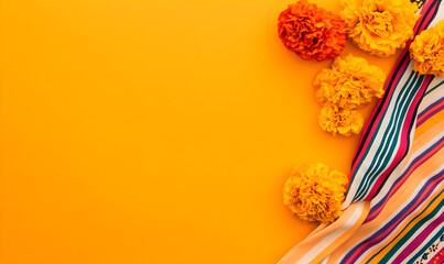 Serape blanket and marigold flowers on the orange background with copy space.  Flat lay. Traditional mexican textile ornament. Day of the Dead, Dia de muertos greeting card. 