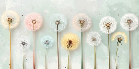 Obraz premium Gentle watercolor rendering of dandelion blooms in varying shades, ideal for use in notebooks and stationery.