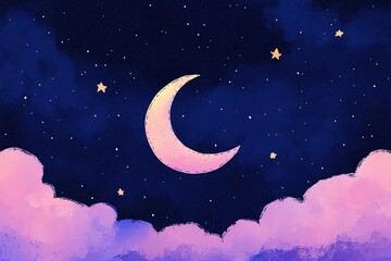 Naklejka premium A beautiful night sky with twinkling stars and fluffy clouds. Perfect for backgrounds or celestial-themed designs. Beautiful simple AI generated image