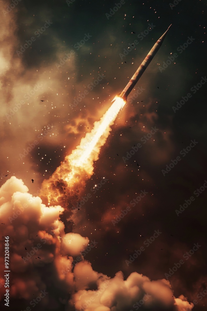 Poster a rocket soaring through the sky with a trail of smoke behind it, great for space-themed or action-r