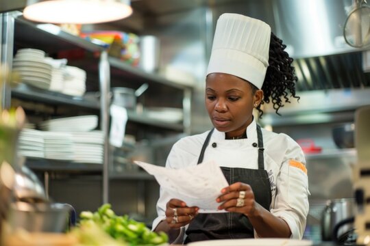 A woman wearing a chef's hat reads a piece of paper, likely containing important information or a recipe