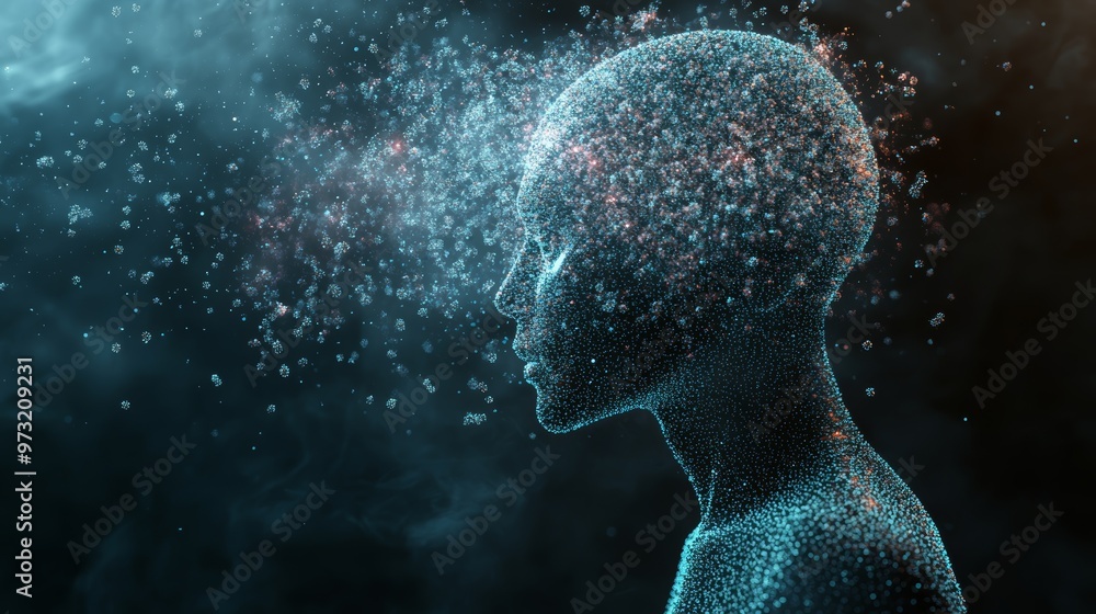 Poster abstract digital image of a human head with floating viral particles, symbolizing viral infection an