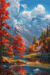 Fototapeta premium Autumn landscape illustration with vibrant red trees, majestic mountains, a serene lake, and a cozy