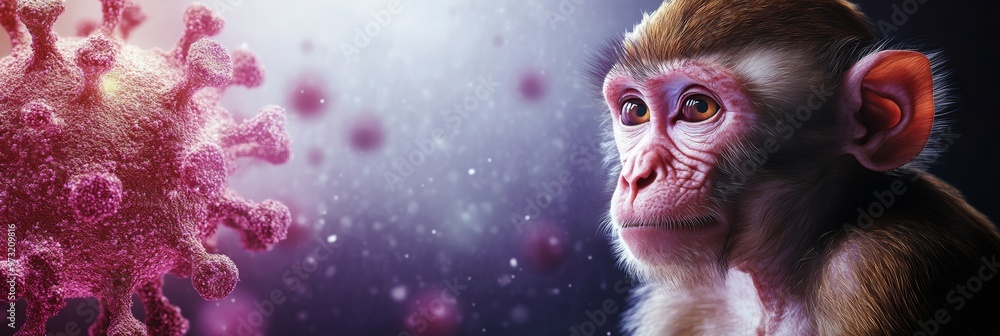 Poster monkey looking at a viral particle of monkeypox, representing viral spread and infection risk