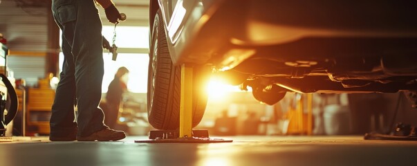 Mechanic using a jack stand for car maintenance in a professional auto repair shop with focus on safety and precision