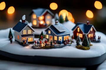 Obraz premium A Christmas village display, with tiny houses, twinkling lights, and miniature people celebrating the season