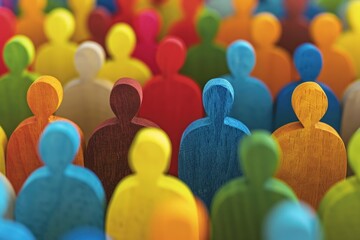Fototapeta premium A tightly framed scene of a diverse, paper cut-out crowd, each figure distinct yet part of a larger, colorful community. Beautiful simple AI generated image