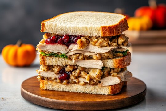 A Thanksgiving leftovers sandwich, stacked high with turkey, stuffing, cranberry sauce, and gravy between slices of bread