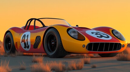 Vintage race car parked in a desert landscape, showcasing a striking design against a vibrant sunset background.