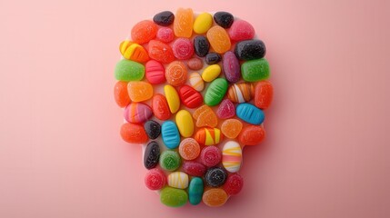 Obraz premium Halloween candy arranged in a skull-shaped pattern, eerie and colorful, 3D illustration