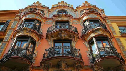 A beautiful architectural facade of a building designed in Art Nouveau style, showcasing curvilinear forms, floral details, and wrought iron balconies