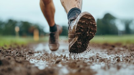 Spring adventure: close-up of runner's feet in muddy shoes on a trail run