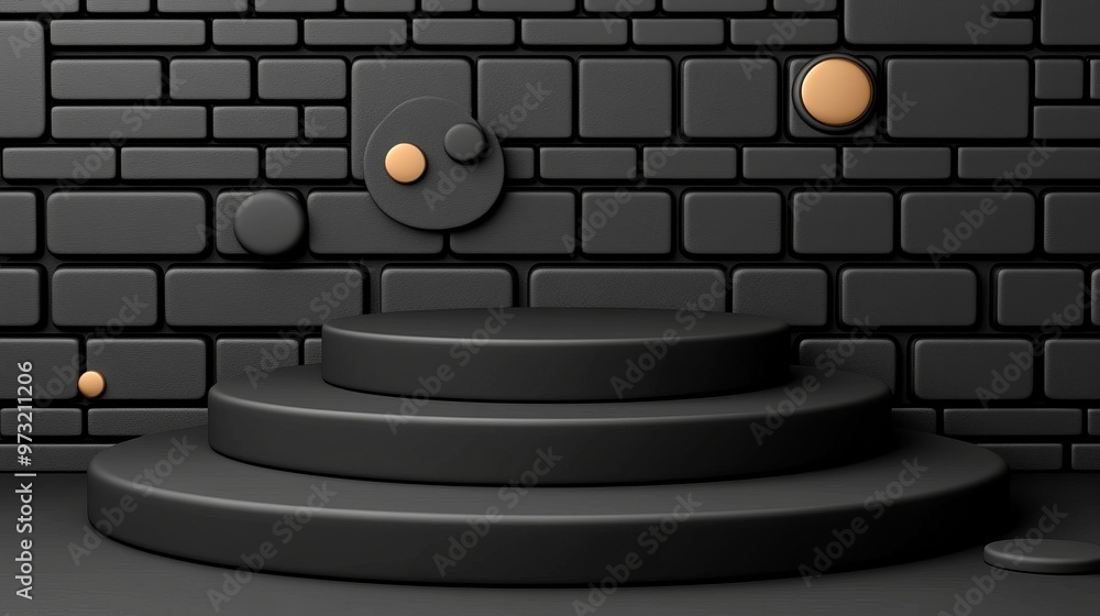 Poster abstract composition of black geometric shapes on a textured wall, featuring circular and rectangula