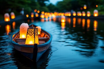 Fototapeta premium A boat filled with glowing lanterns, slowly drifting down a quiet river during an Obon lantern-floating ceremony