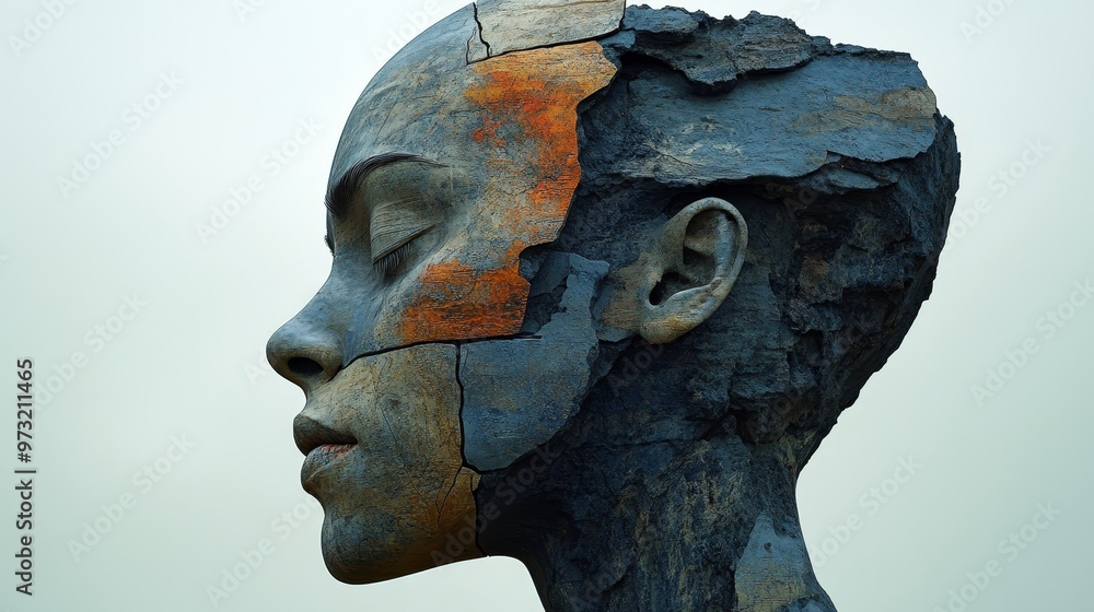 Poster artistic statue showcasing a unique blend of colors and textures, symbolizing transformation and the