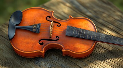 Fototapeta premium Beautifully crafted wooden violin resting on a rustic table, showcasing intricate details and rich, warm colors.