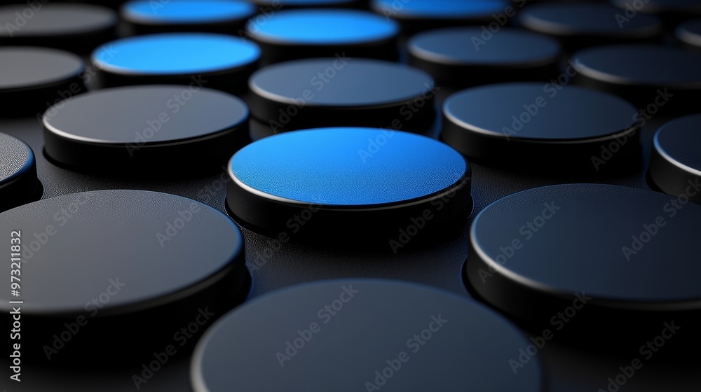 Poster close-up of circular blue and black discs arranged in a pattern, highlighting the interplay of color