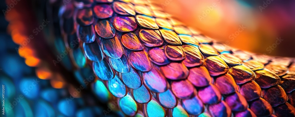 Poster detailed close-up of vibrant snake scales reflecting captivating light and colors in a unique patter