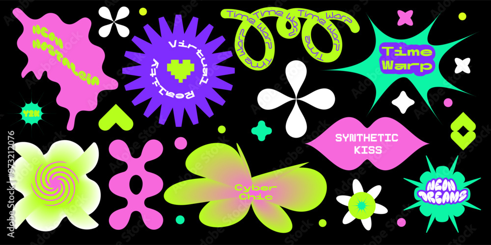 Poster typographic stickers set with distorted geometric shapes and y2k quotes. design elements with typogr