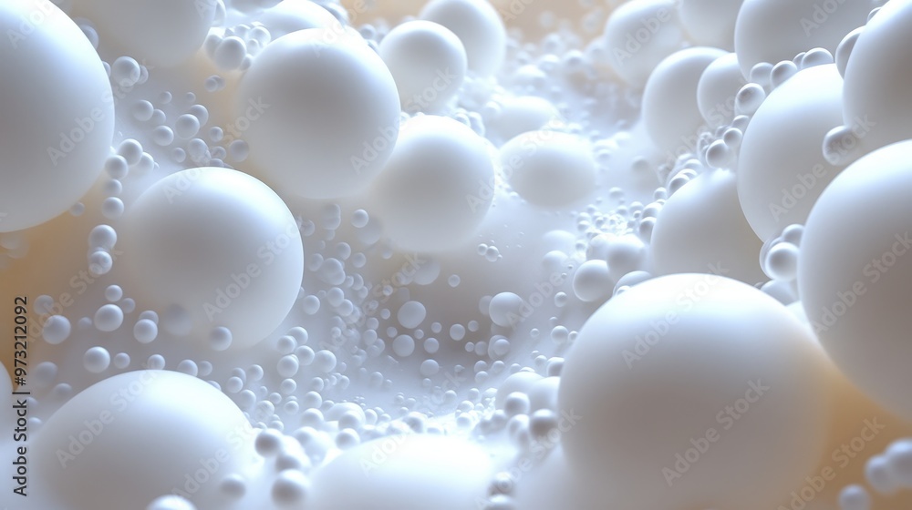 Poster close-up view of white bubbles floating in a liquid, creating a soft, dreamy atmosphere with delicat