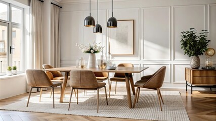 Detailed view of a minimalistic dining area with a simple table, elegant chairs, and understated decor, creating a refined and open dining space.