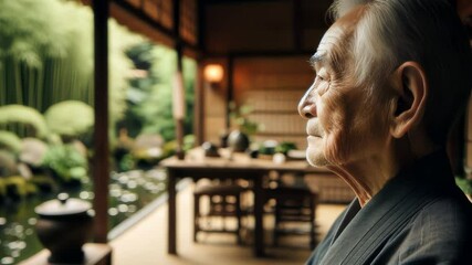 Asian Japanese old man outside the house in fresh morning