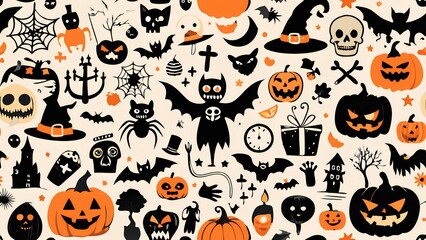 Big collection of silhouettes of Halloween. Horror set of Halloween sticker sketch set. Hand drawn doodle. Set of halloween and magic elements. Vector element Logo, Pumpkins, ghosts, skull, black cats