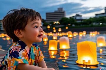 A child wearing a colorful yukata, watching in awe as lanterns float down the river, each one a symbol of remembrance