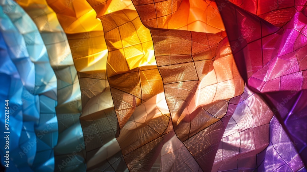 Poster mesmerizing display of colorful light patterns forms intricate geometric shapes and gradients, blend