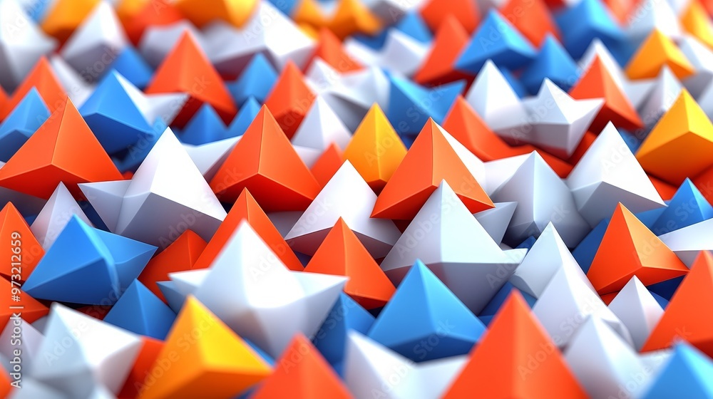 Poster colorful geometric pyramids in a 3d pattern, creating an abstract and vibrant visual texture for art